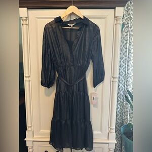 NWT Nanette Lepore Black Shimmer Tiered Midi Dress Sz 8